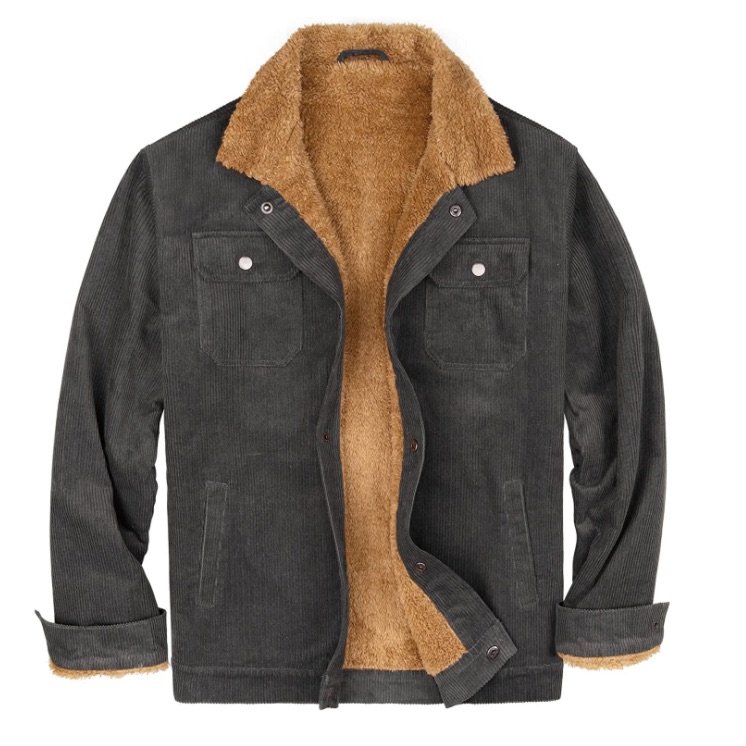 Men's Corduroy Sherpa Trucker Jacket Casual Snap Button Thick Jacket Dark Gray